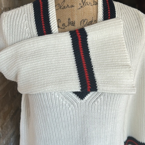 Cabi Ace pullover cream knit vneck sweater bell sleeve red blue stripe side slit - Picture 5 of 16